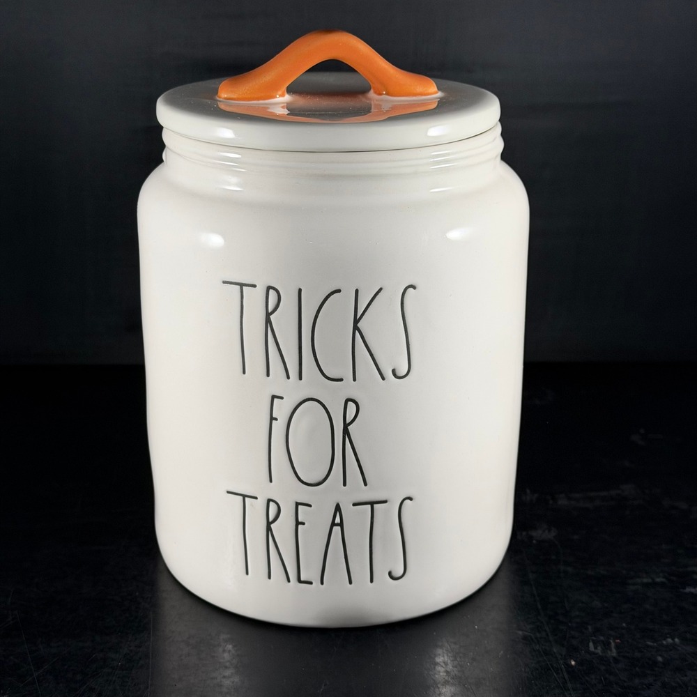 Rae Dunn Tricks For Treats Halloween Ceramic Canister White Orange Handle Jar